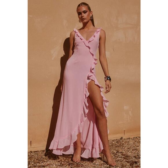 Runaway The Label Suzannah Ruffle Maxi Gown Dress Pink Size Small - Picture 2 of 11